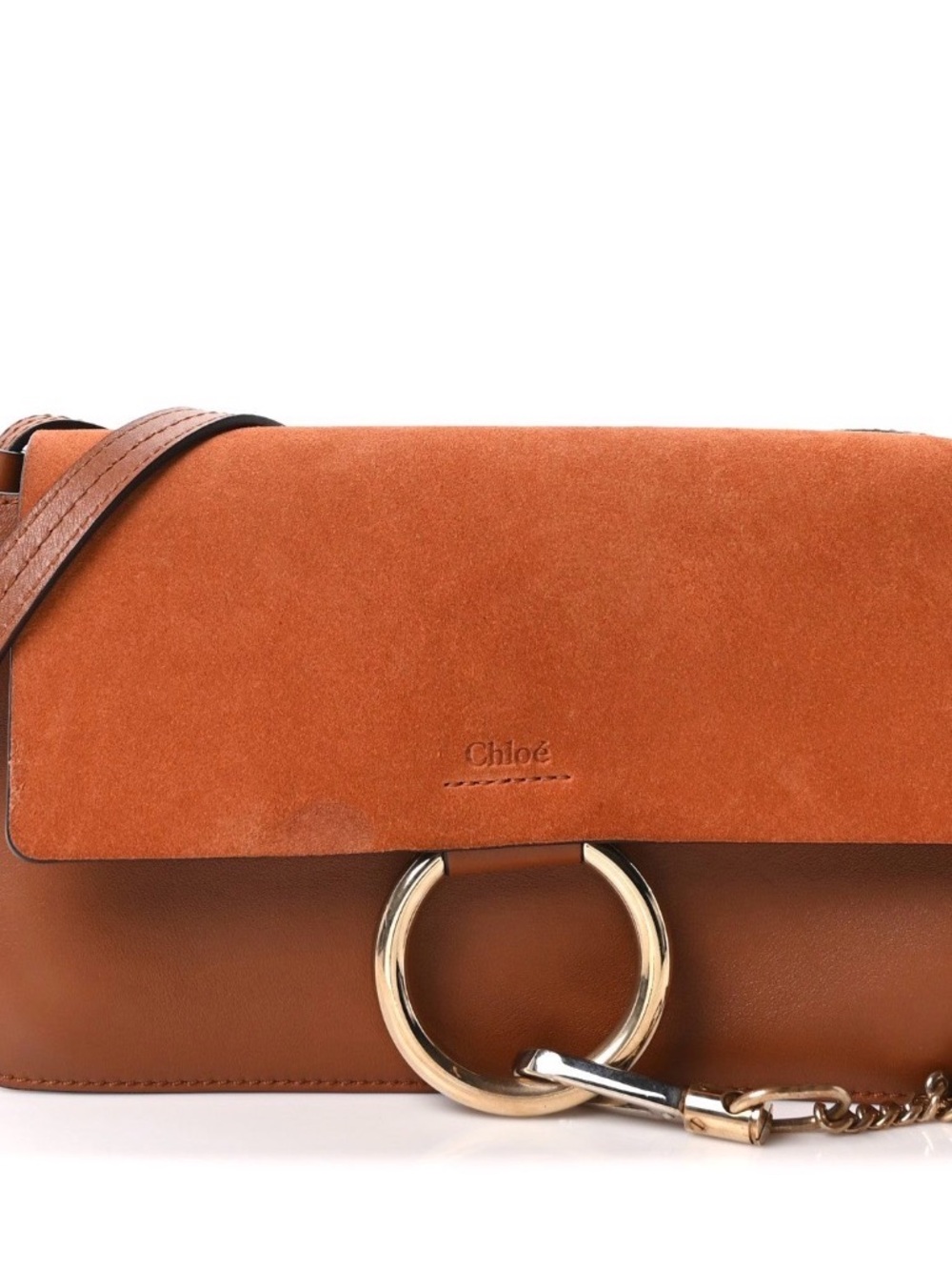 Chloé Two-Tone Rust Suede & Brown Leather Shoulder Bag with Gold Ring